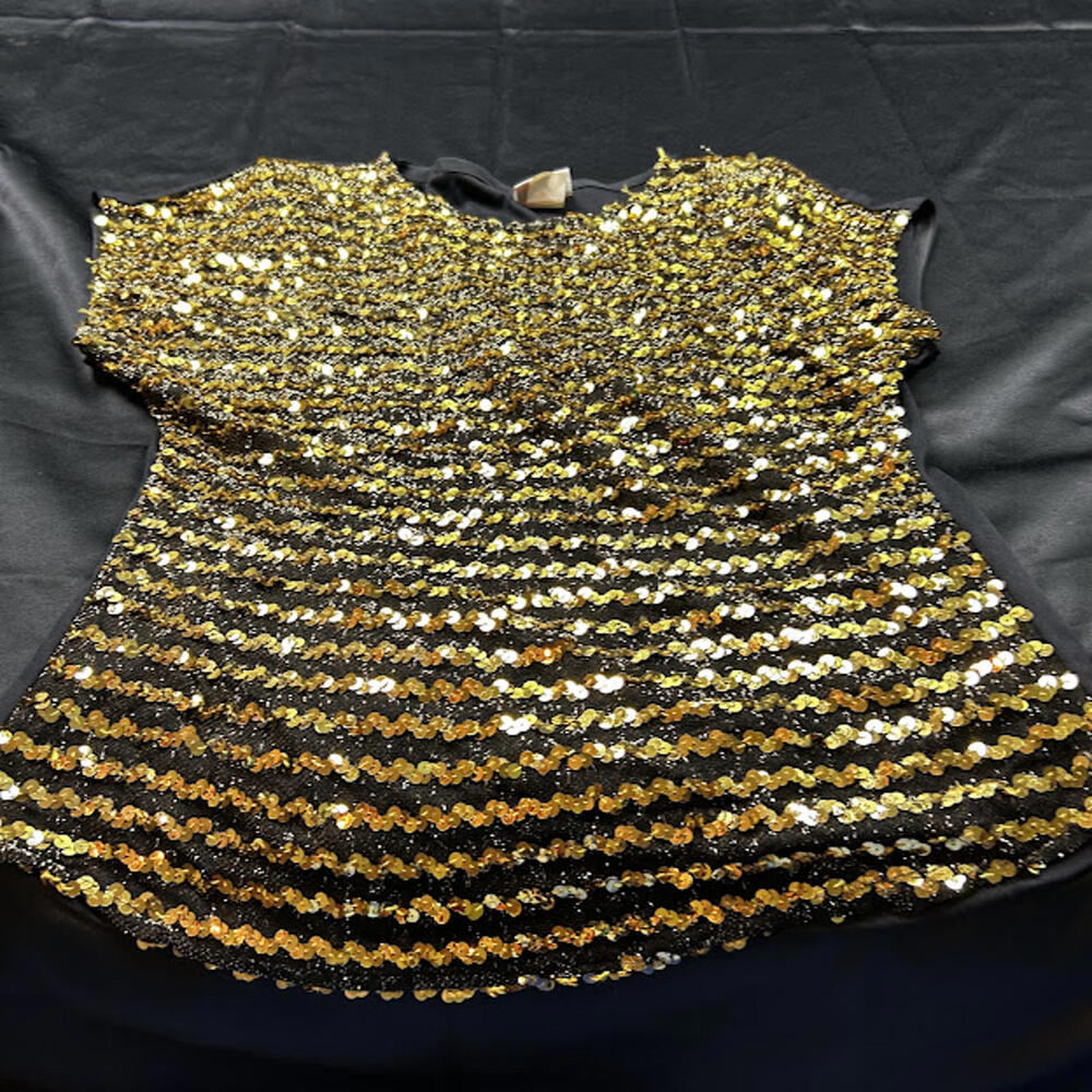 Habrand For Her Women’s Shirt‎ L Black Short Sleeve Gold Sequins EUC
